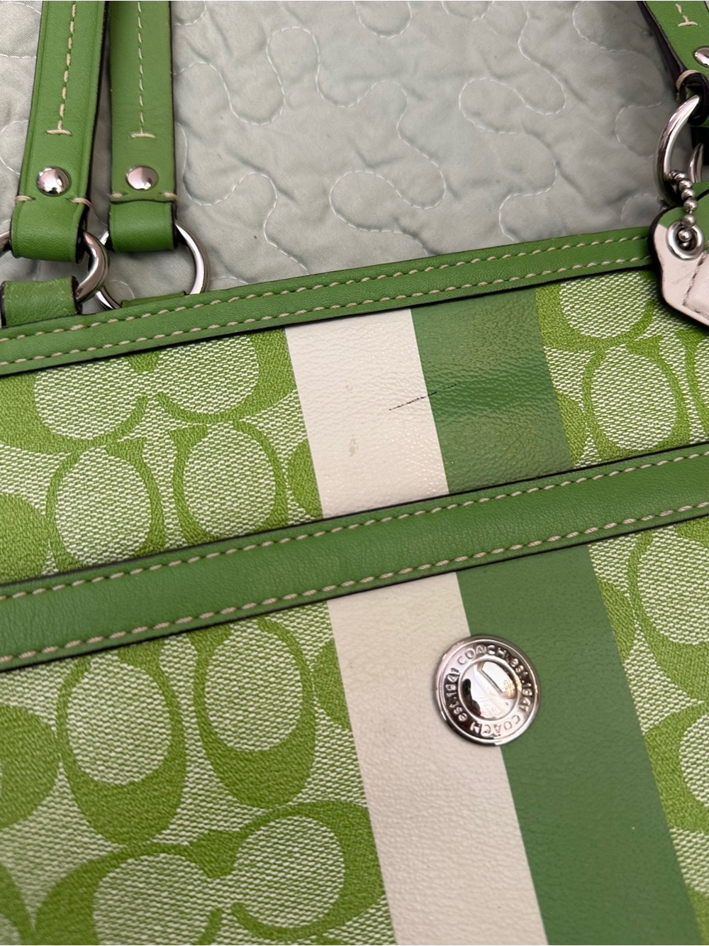 Coach Green Logo Stripe Tote with White Accent - Picture 6 of 11